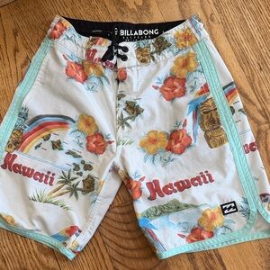 Billabong Kids White Floral Hawaii Swim Trunks with Aqua Trim